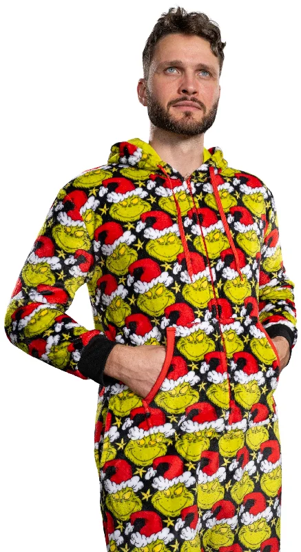 Grinch with Santa Hat Face All Over Pajamas Jumpsuit Christmas Union Suit with Hood and Pockets for Mens and Womens