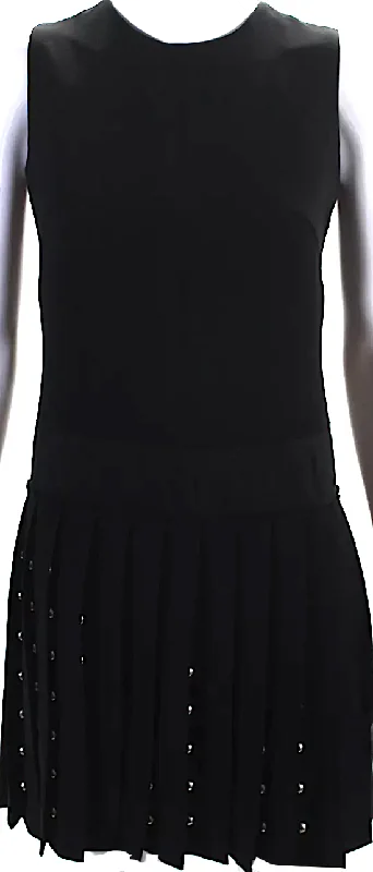 Alexander McQueen UK. McQ. BBlack Studded Crew Neck Pleated Shift Dress