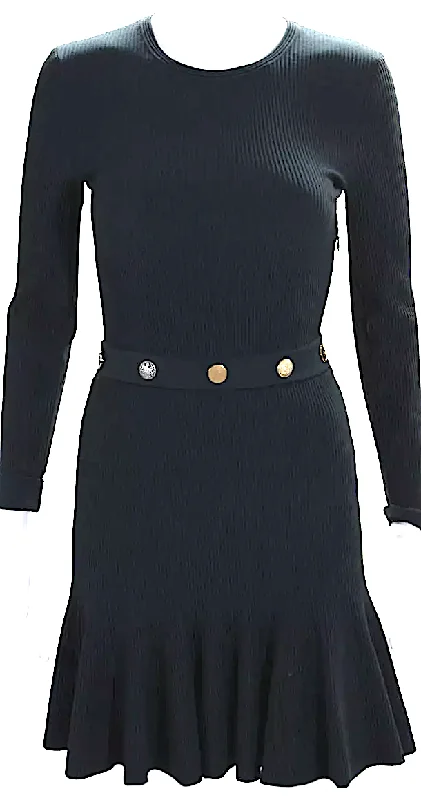 Alexander McQueen UK. Navy Ribbed Round Neck Button Long Sleeve Dress