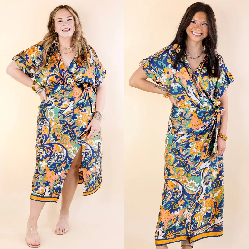 Room With A View Baroque Print Wrap Midi Dress in Gold and Navy