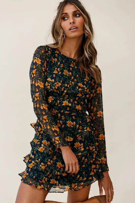 Charmaine Long Sleeve Tiered Frill Dress Floral Print Navy