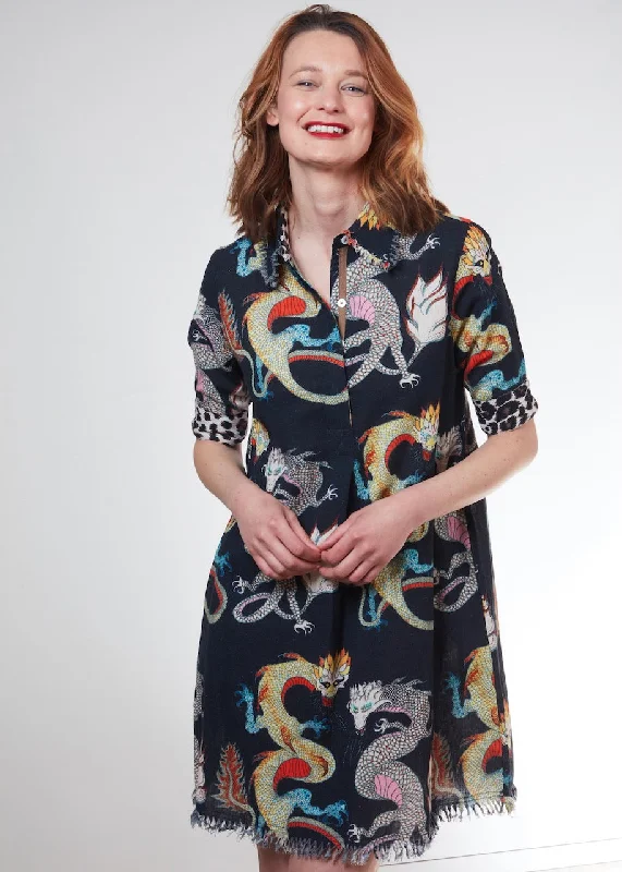 Chatham Dress Black Dragons Print