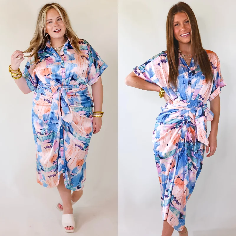 Abstract Meetings Collared Button Up Midi Dress With a Tied Waist in Blue and Coral Pink