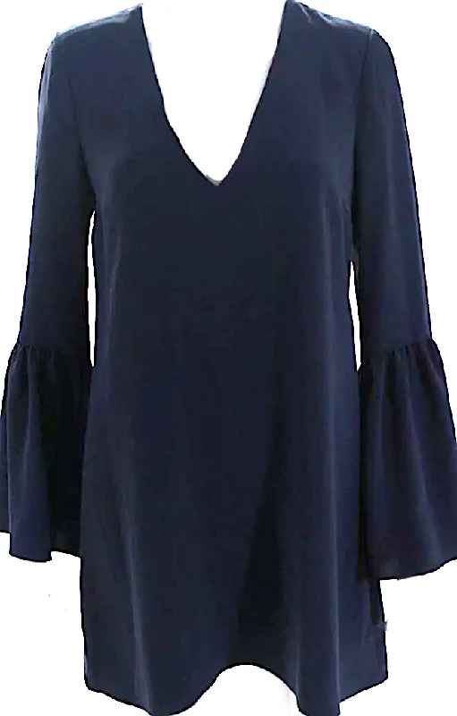 Elizabeth & James NY. (The Row) Navy Acetate V-Neck Darted Flounce Long Sleeve Dress