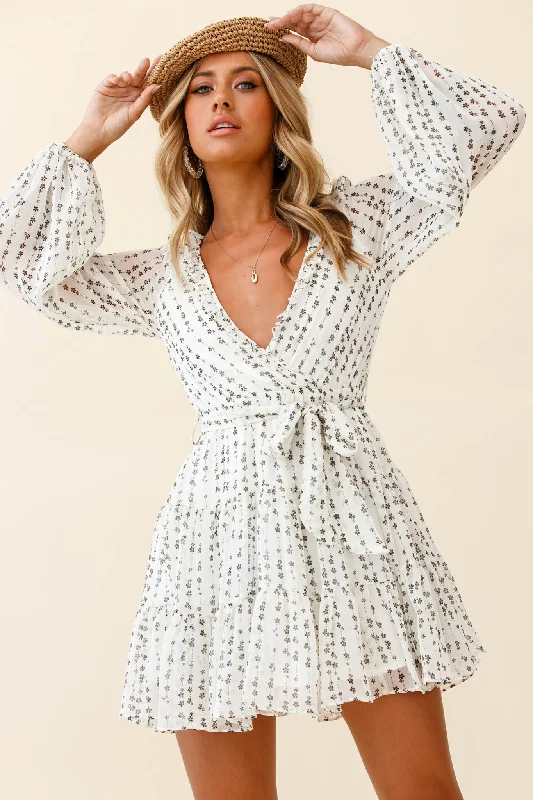 Floating On Clouds Long Sleeve Frill Trim Dress Floral Print White