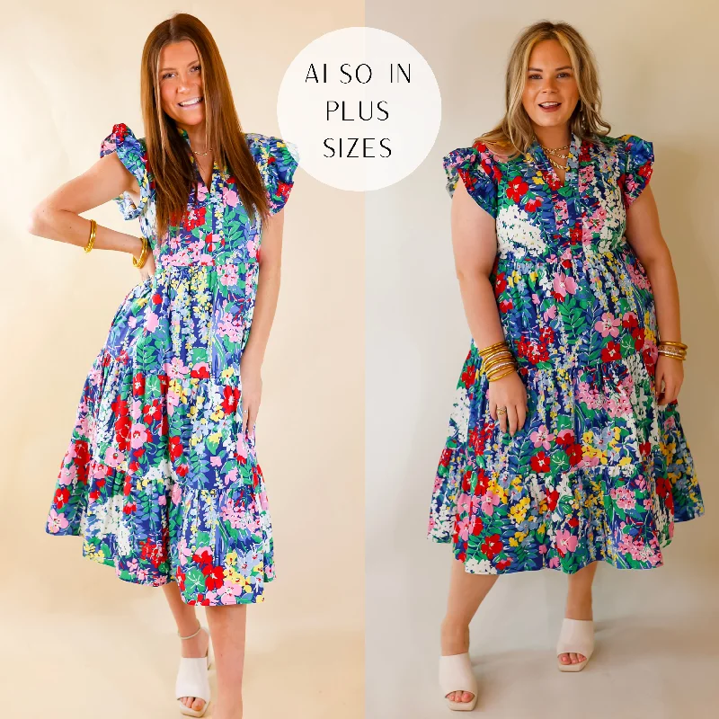 Last Chance Size Small | Magnolia Morning Floral Ruffle Cap Sleeve Tiered Midi Dress in Blue