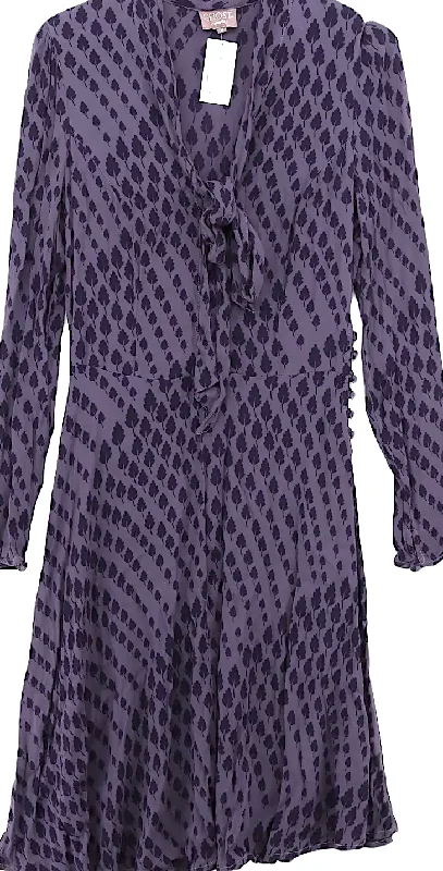 Ghost London UK. Tanya Sarne. Plum 100% Viscose Long Sleeve Midi V-Neck A-Line Midi Dress