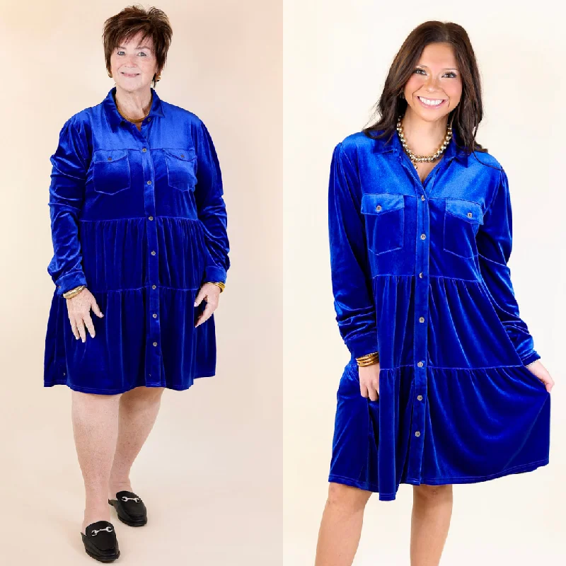 Grateful Gathering Velvet Button Up Dress with Long Sleeves in Royal Blue