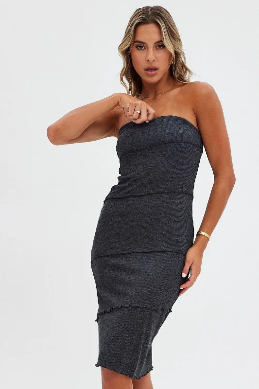 Grey Boob Tube Dress Midi Bodycon Ribbed Bandeau