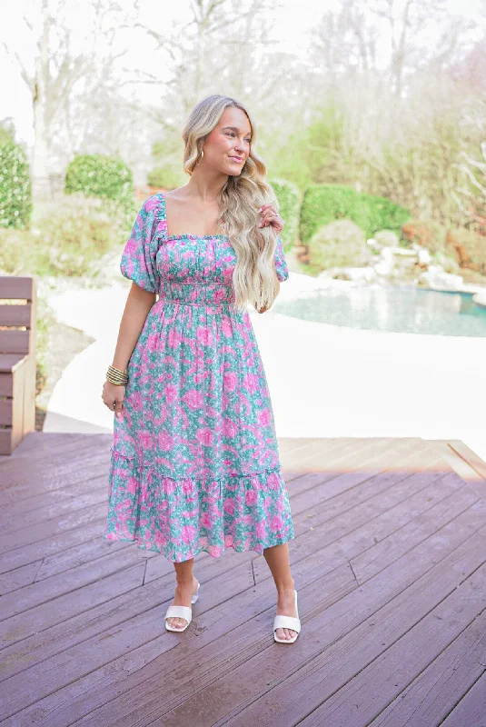 Love Blossom Blue Midi Dress