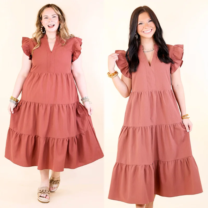 Magnolia Morning Ruffle Cap Sleeve Tiered Midi Dress in Cinnamon (Rust/Clay/Brown)