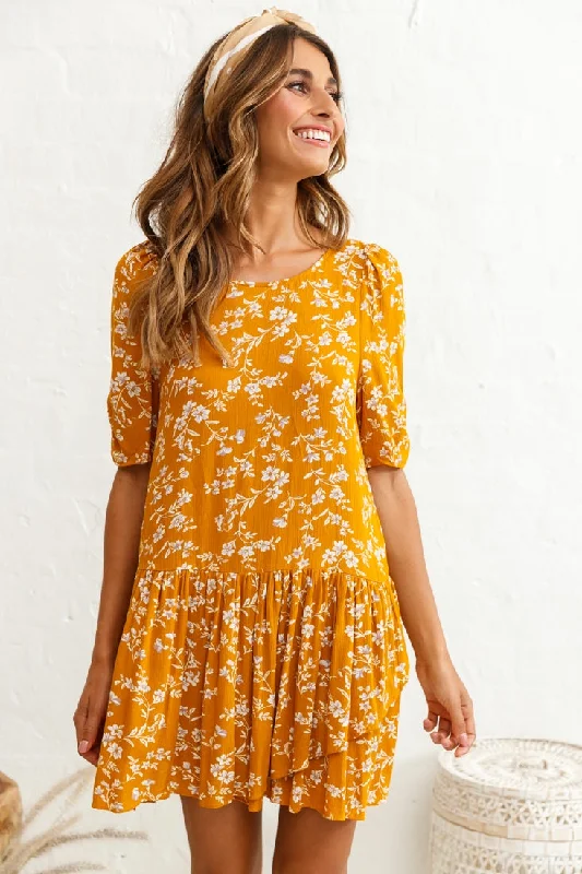 Marika Dropped Waist Short Sleeve Shift Dress Floral Print Mustard