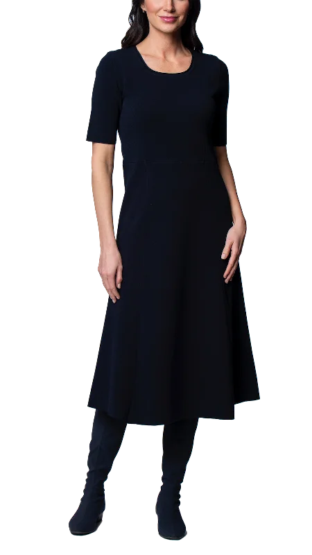 Nora Milano Knit Short Sleeved Fit-And-Flare Midi Dress; Dark Navy