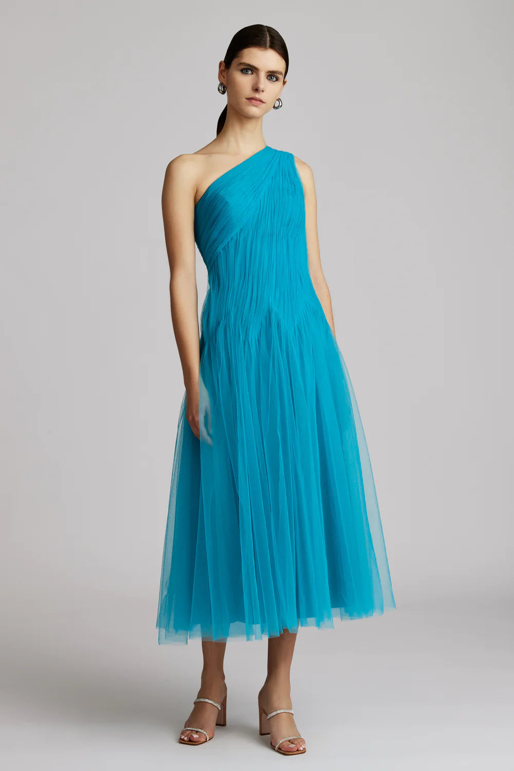 One Shoulder Midi Tulle Dress - Peacock