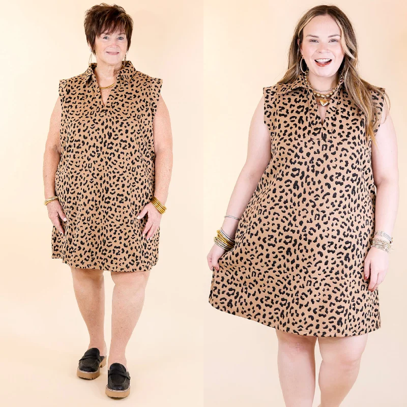 Polished Perfection Cheetah Print Cap Sleeve Dress with Collar in Tan