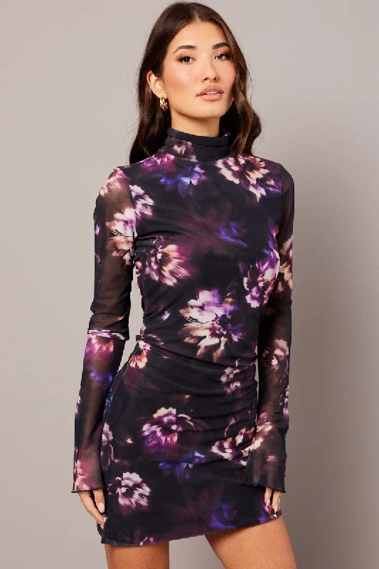 Purple Abstract Bodycon Dress High Neck Mini Long Sleeve