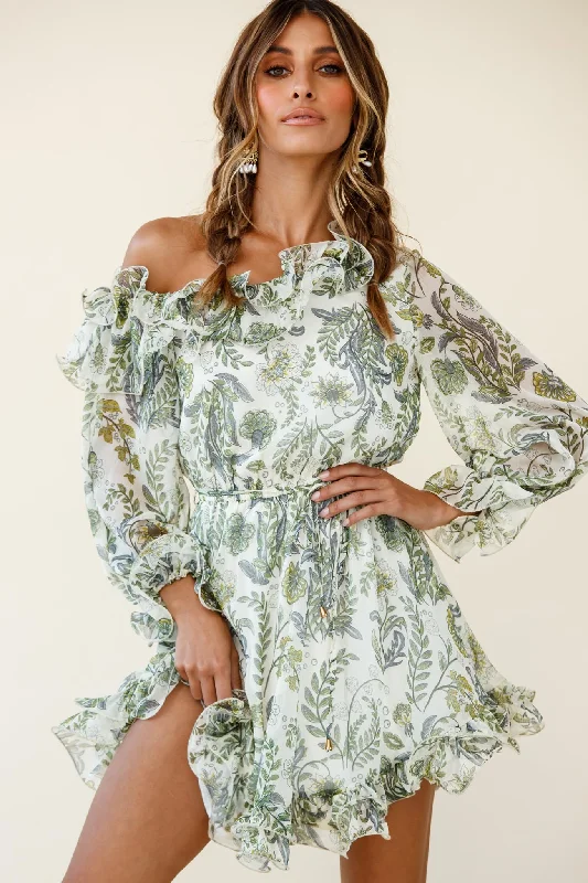 Rhiannon Off-Shoulder Lettuce Frill Dress Floral Print White