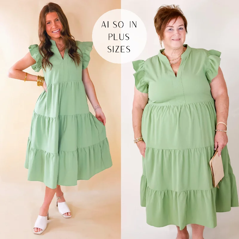 Last Chance Size Small, Medium & XL | Magnolia Morning Ruffle Cap Sleeve Tiered Midi Dress in Sage Green