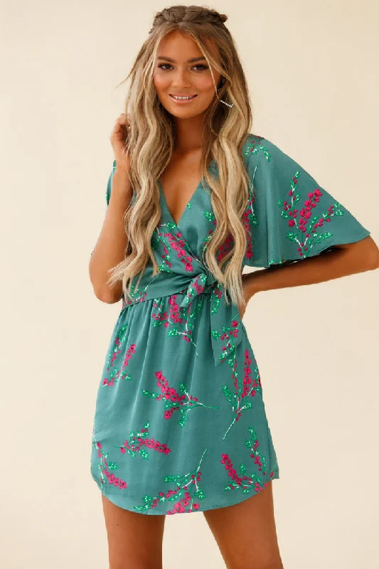 Stealing Hearts Flutter Sleeve Wrap Front Dress Floral Print Olive