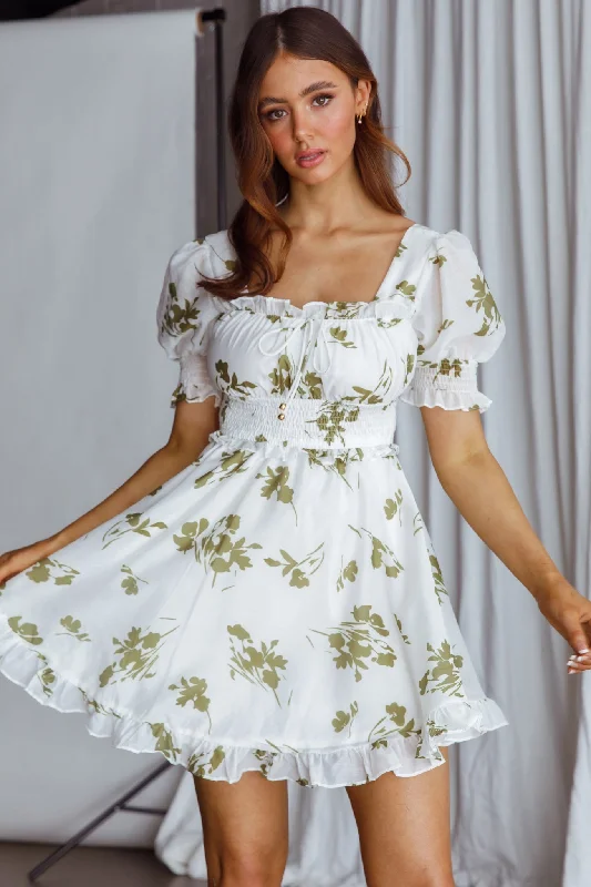 Summer In Paris Puff Sleeve Open Back Dress Floral Olive