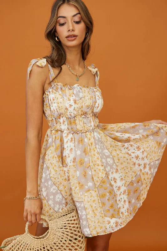 Sunset Bellini Tied Shoulder Ruched Bust Dress Floral Print Yellow Multi