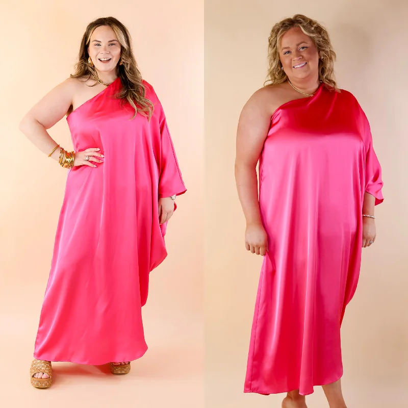 Sweet Romance One Shoulder Satin Drape Midi Dress in Hot Pink