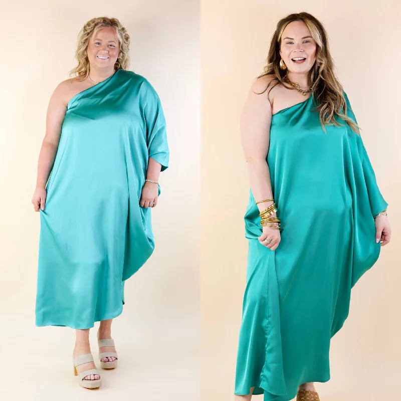 Sweet Romance One Shoulder Satin Drape Midi Dress in Turquoise