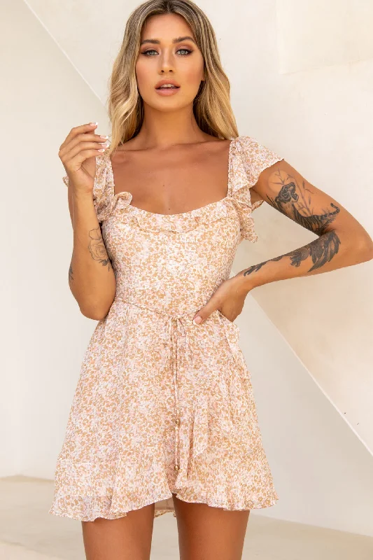 Thinkin' Bout You Ruffle Trim Waist-Tie Dress Floral Print Nude