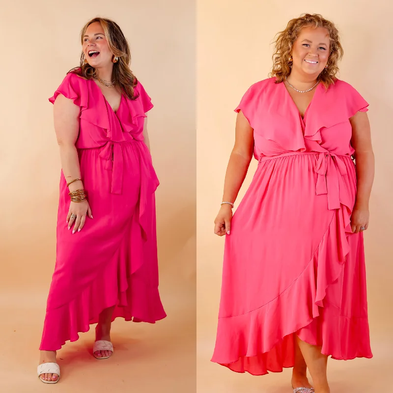 Tranquil Touch Ruffle Midi Dress with Waist Tie in Pink