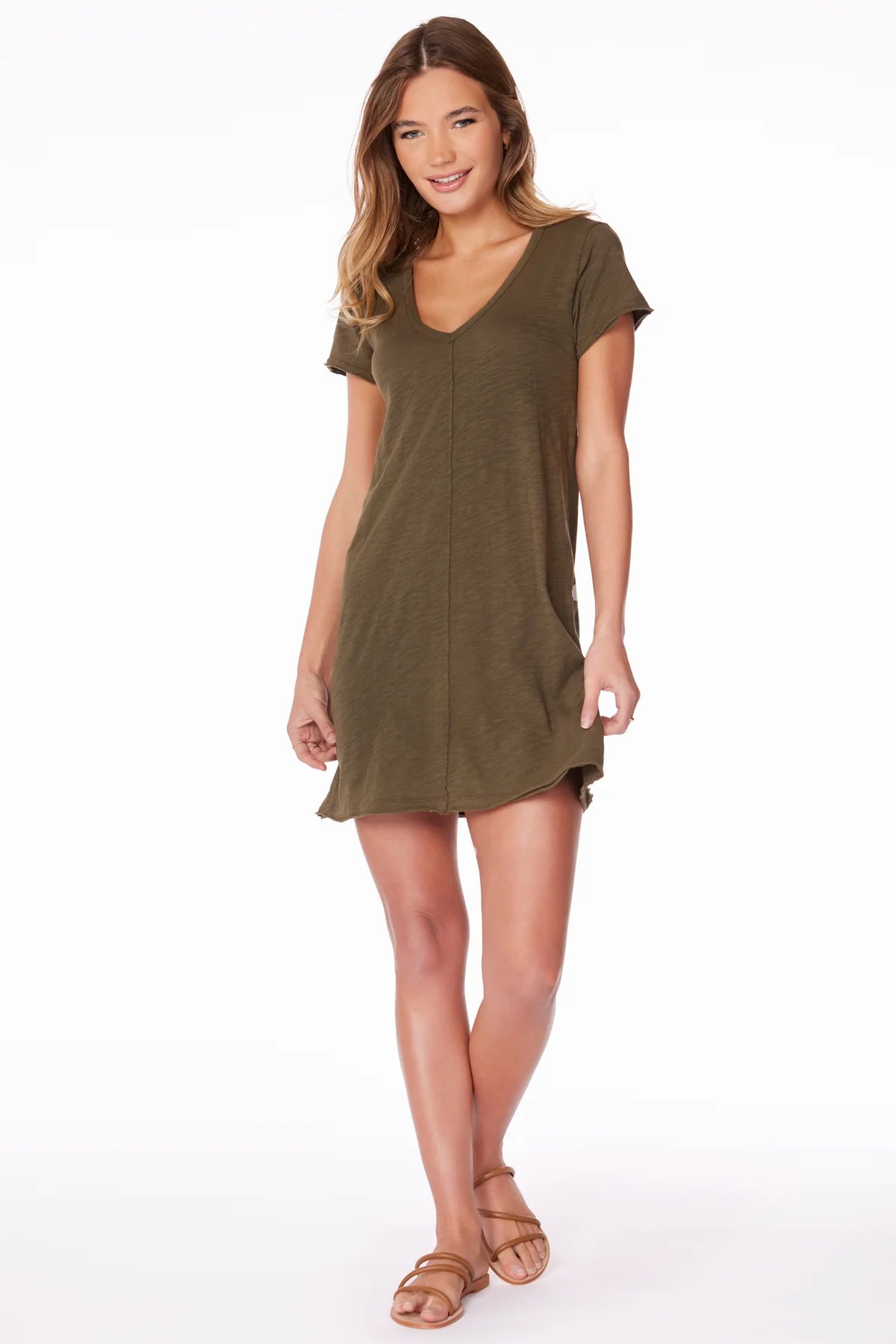 V Neck Raw Edge T-Shirt Dress - Troops