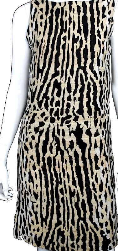 VALENTINO Italy. Black, Beige & White Abstract Jacquard Boatneck Shift Dress