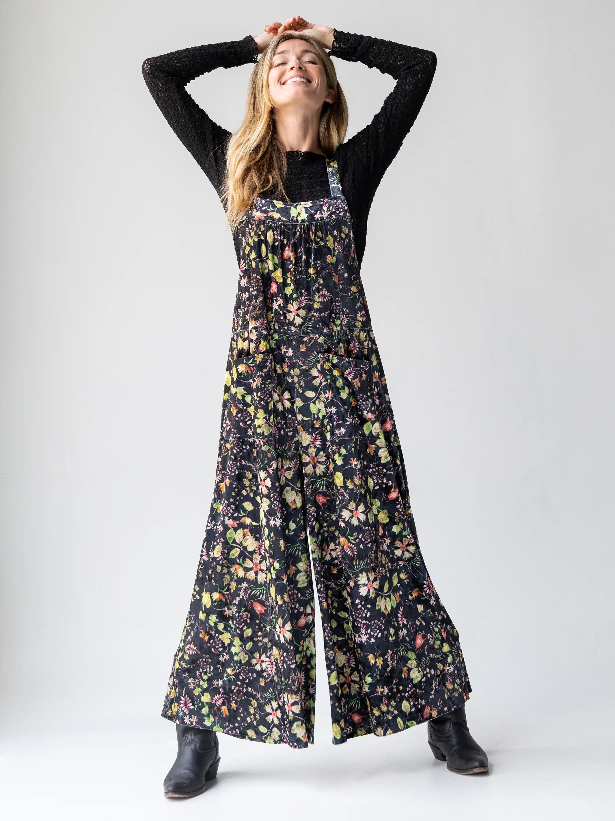 Velvet Dakota Tie Overall - Black Floral Stems