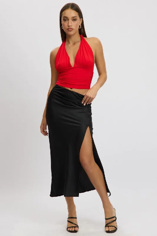 Black Slip Skirt High Waist Front Split Midaxi Satin