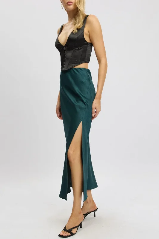 Green Slip Skirt High Waist Front Split Midaxi Satin